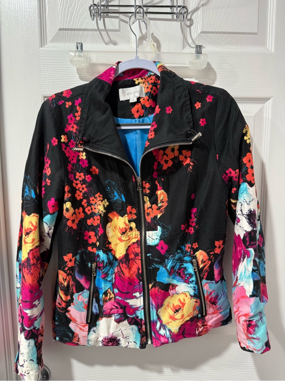 erin london Black Floral Zip Bomber Jacket with Multicolor Blooms